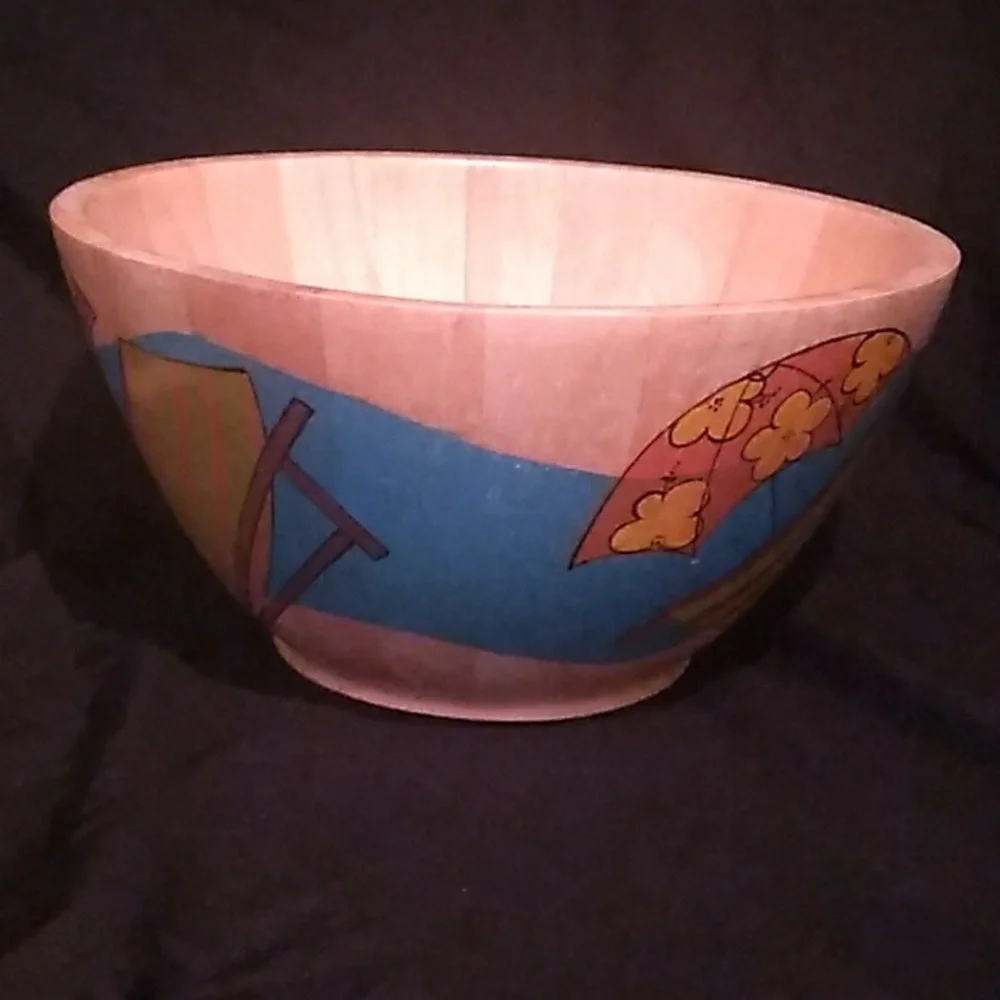 Vintage Clay Art Large Colorful Salad/Fruit Beach Scene Decorative Bowl